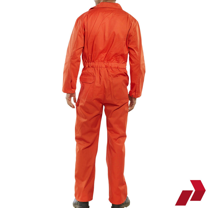 Orange coverall worn by a person on a white background