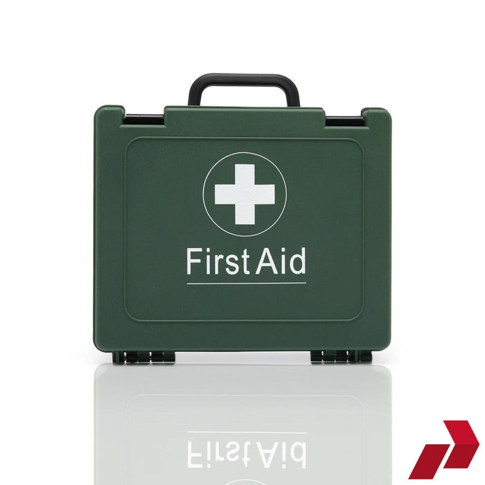 Green first aid kit with a white cross symbol on a white background