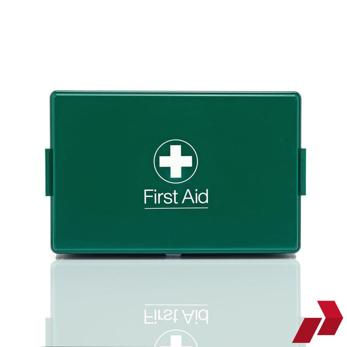 Green first aid box with a white cross symbol on a white background
