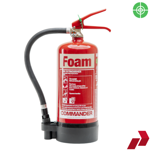 A 3-litre red foam extinguisher with a black base and hose, labeled 'Foam' and 'Commander' on the front.