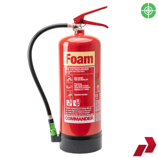 A red 6 litre Envirofoam fluorine-free foam extinguisher with a black hose and a red lever, labeled for fire extinguishing purposes.