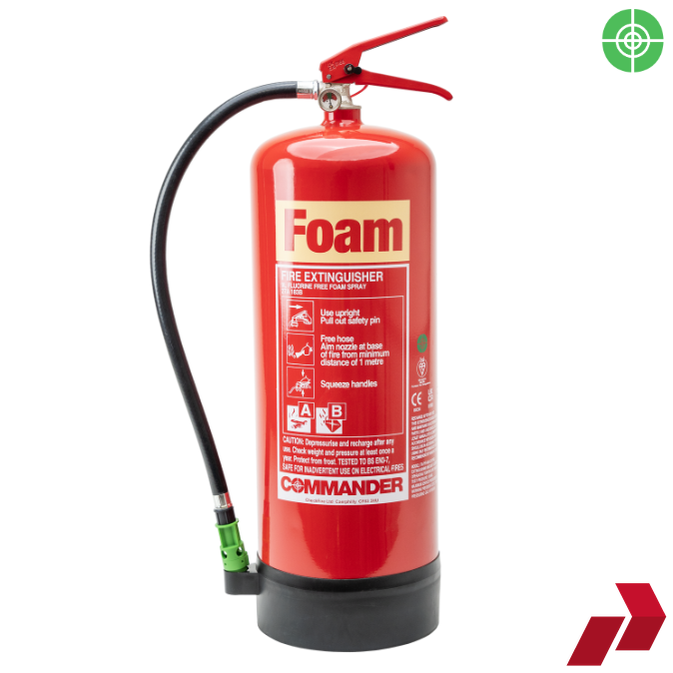 A red 9-litre Envirofoam fluorine-free foam extinguisher with a black hose and a red lever, labeled 'Foam' and 'Commander' on the front.