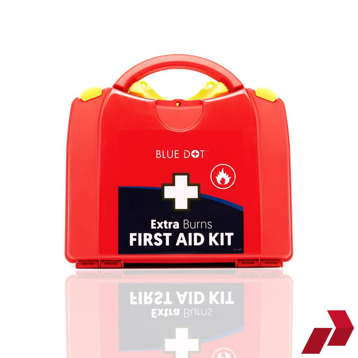 Red first aid kit with 'Blue Dot' branding on a white background