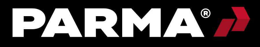 White Parma logo on a black background