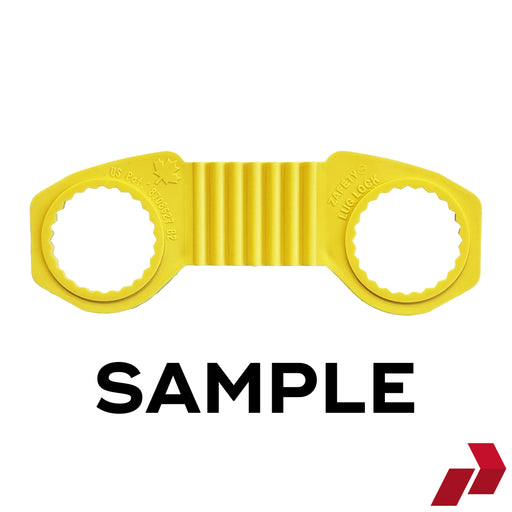Yellow Zafety Lug Lock with SAMPLE written underneath