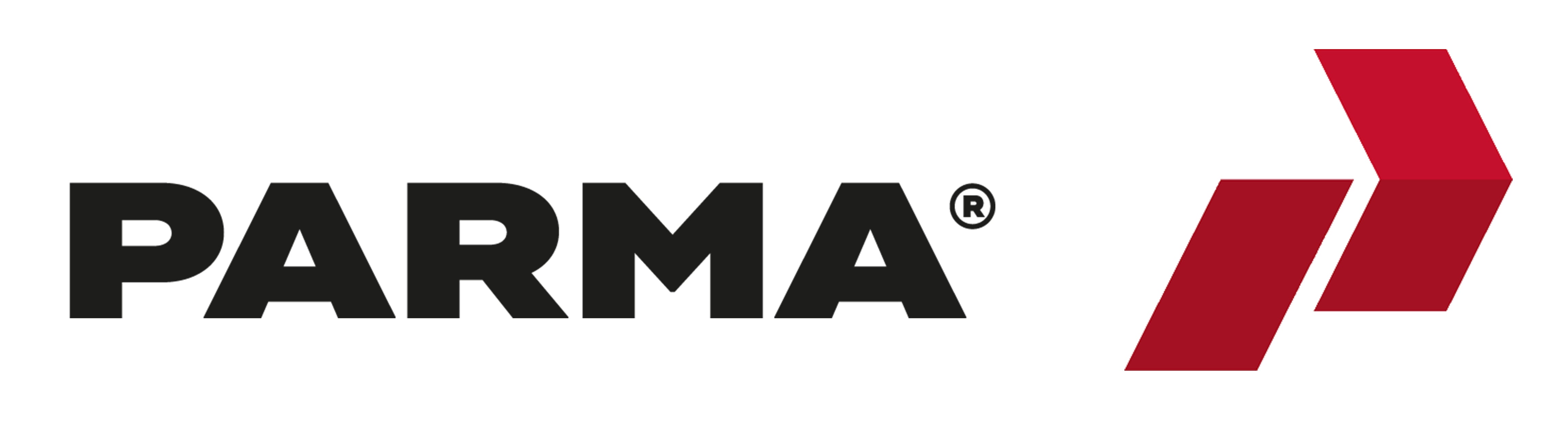 Large Parma logo. The 25th anniversary version. The background is black, the text is white and bold, and just says 'PARMA'. To the right of the text is the 25th version of the favicon - a P stylised to look like an arrow. It is in shiny silver to commemorate the anniversary.