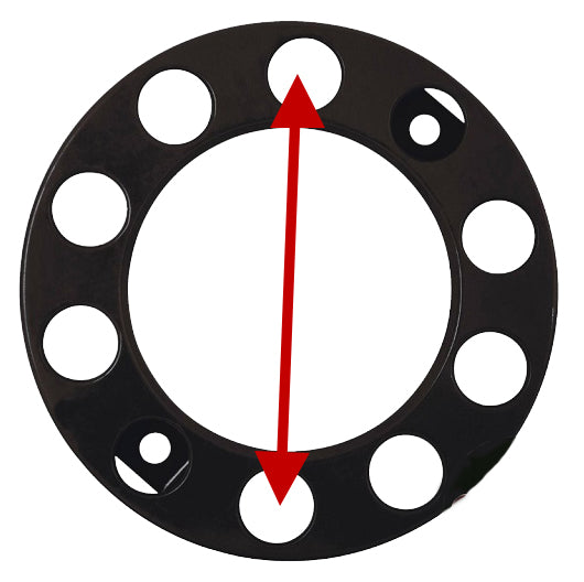 a black 8 nut nut ring, with an arrow from the top hole to the bottom, as a way of showing where to measure for PCD measurements