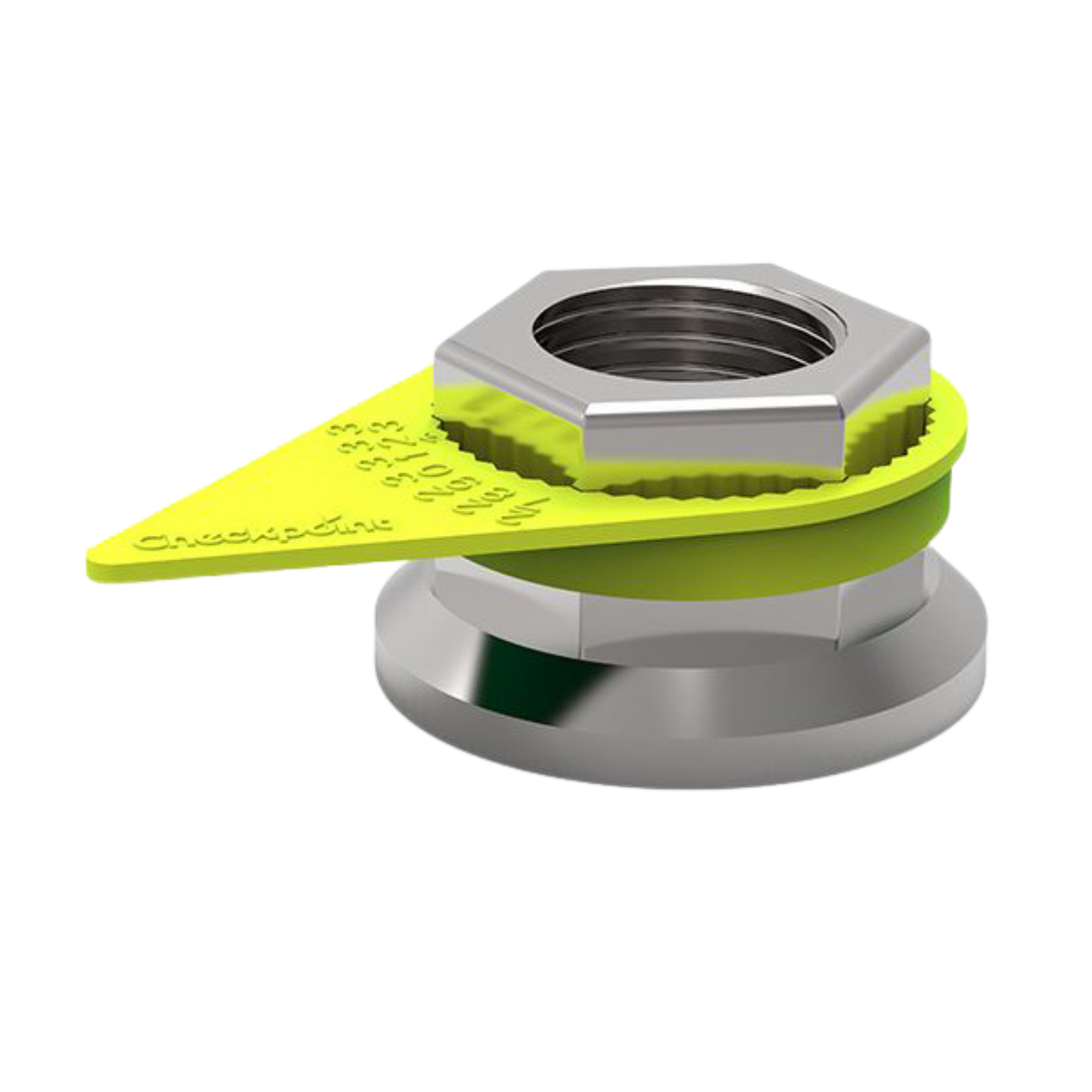 Checkpoint wheel nut indicator, bright yellow loose nut detector for HGV and commercial vehicle maintenance.