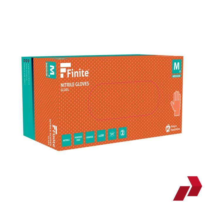 Box of Finite nitrile gloves with orange and teal design on a white background