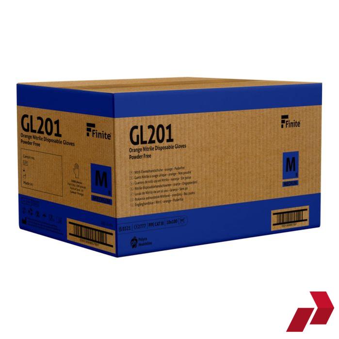 Box of Finite GL201 orange nitrile disposable gloves on a white background