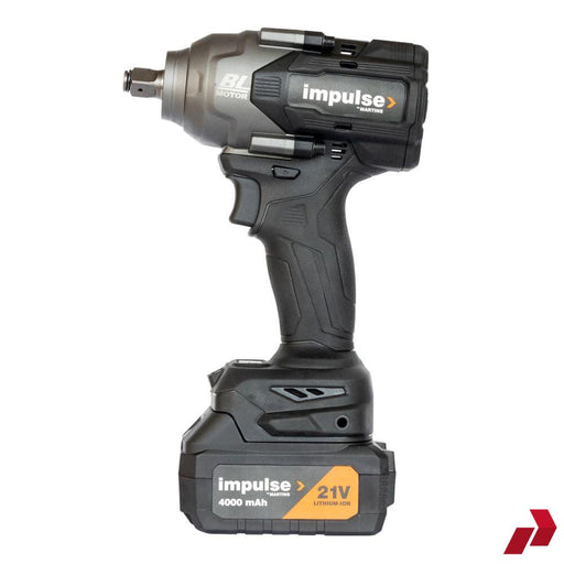 Impulse MX-P1 21V cordless impact wrench with battery attached, side view