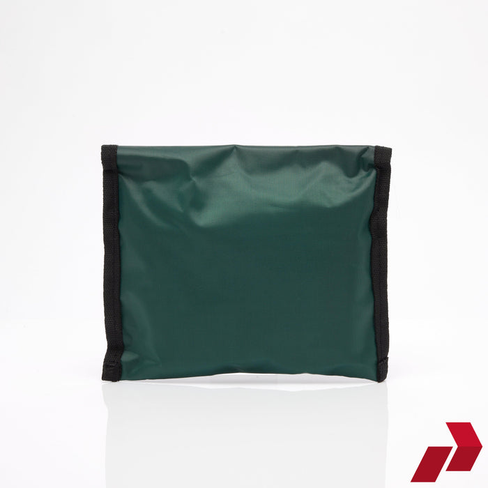 Green fabric square with black border on a white background