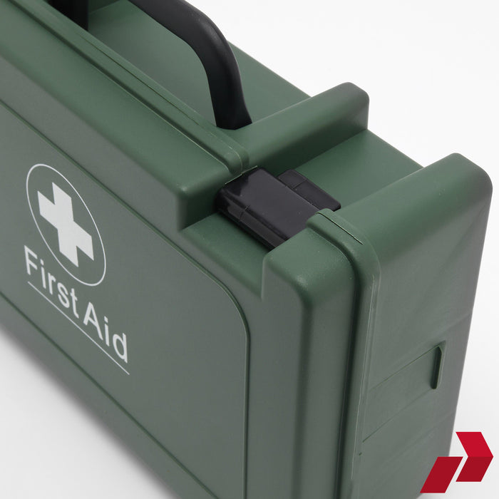 Green first aid kit with visible brand logo on a white background