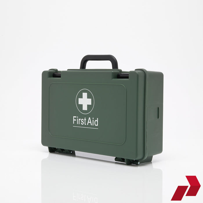 Green first aid kit with a white cross symbol on a white background