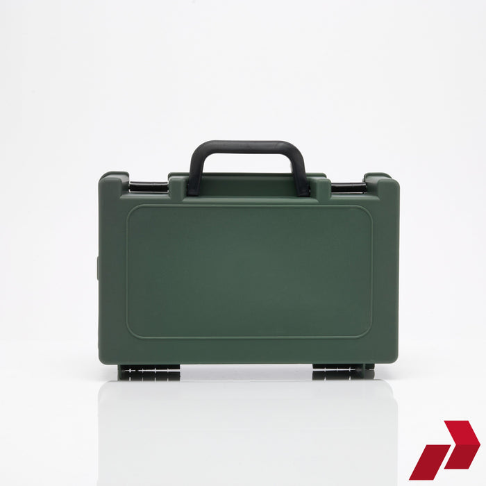 Green toolbox with a black handle on a white background