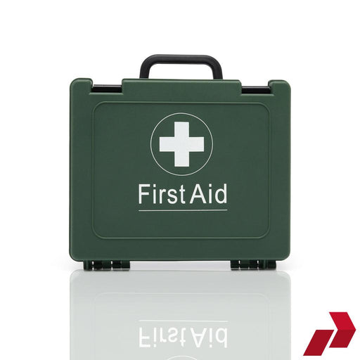 Green first aid kit with a white cross symbol on a white background
