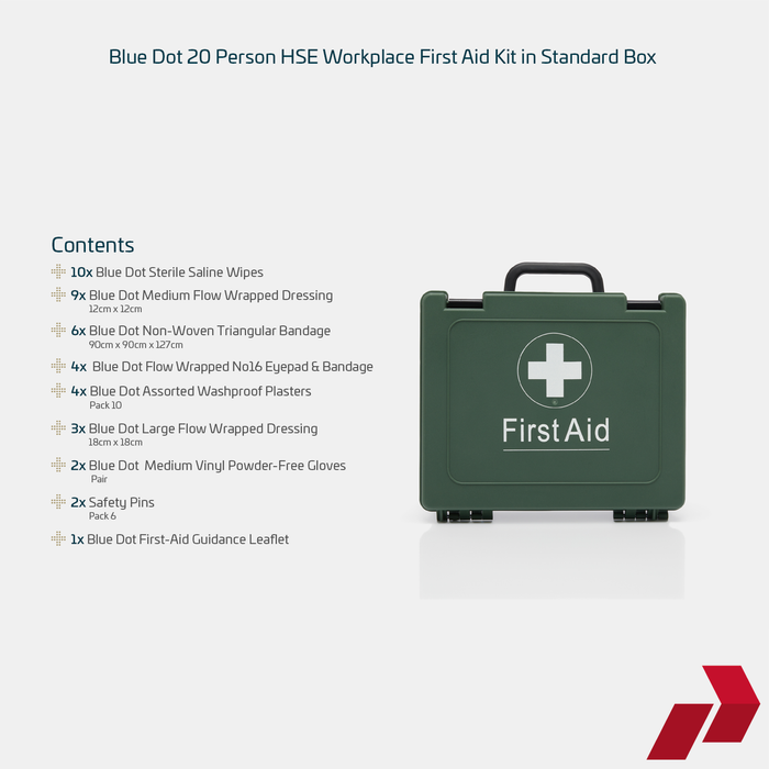 Green first aid kit with contents list on a white background