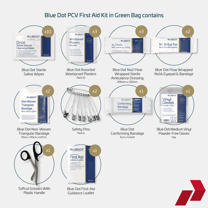 Blue Dot PCV First Aid Kit contents displayed on a white background