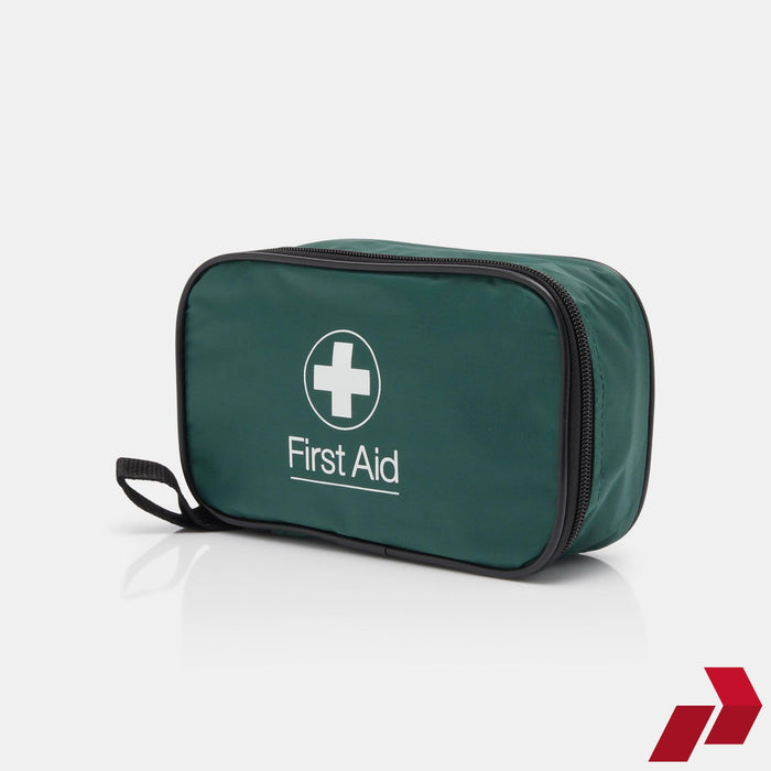 Green first aid kit with a white cross symbol on a light gray background
