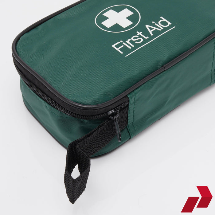 Green first aid kit with a visible brand logo on a white background
