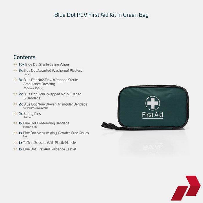 Green first aid kit with contents list on a white background
