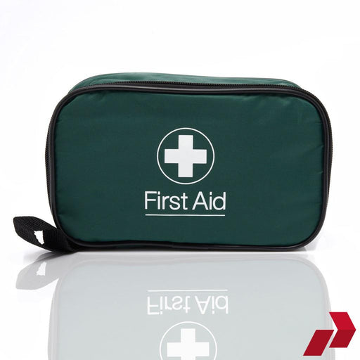 Green first aid kit with a white cross symbol on a white background