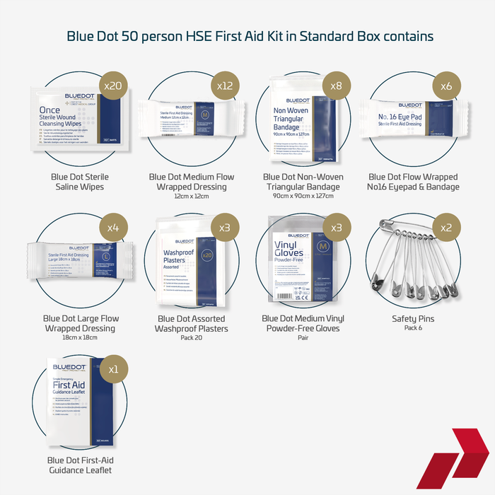 Blue Dot 50 person HSE First Aid Kit contents on a white background