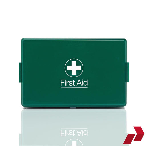 Green first aid box with a white cross symbol on a white background