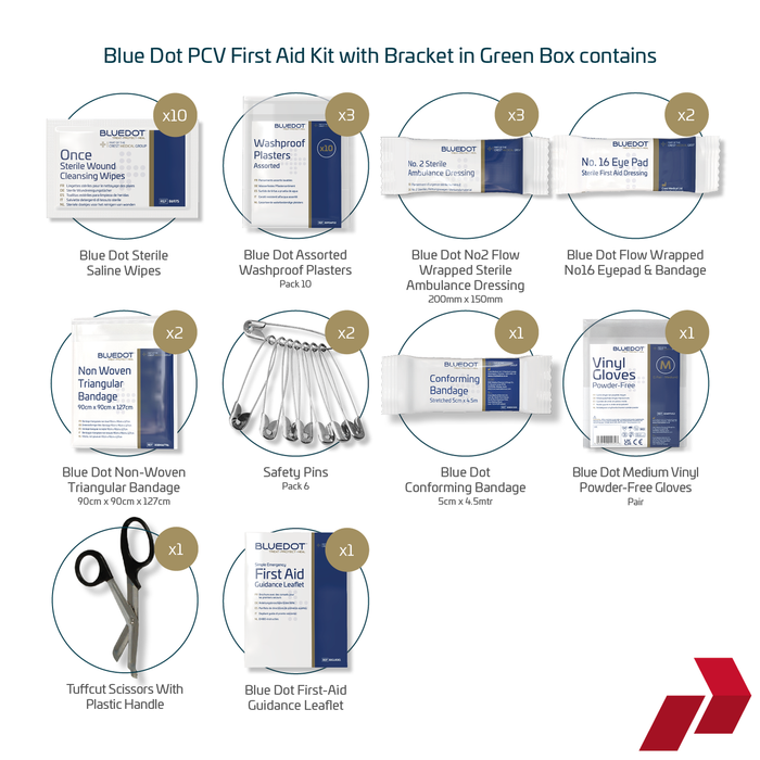 Blue Dot PCV First Aid Kit contents with bracket in green box on a white background