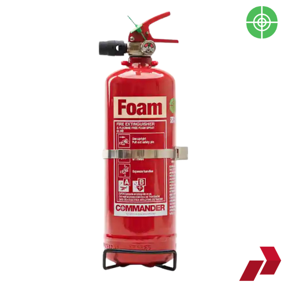 A red 2-litre Envirofoam fluorine-free foam extinguisher with a corrosion-resistant finish, mounted on a metal bracket with an operating lever on top, labeled for Class A and B fires.