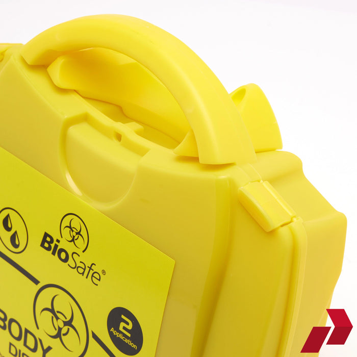 Yellow biosafety container with 'BioSafe' branding on a white background