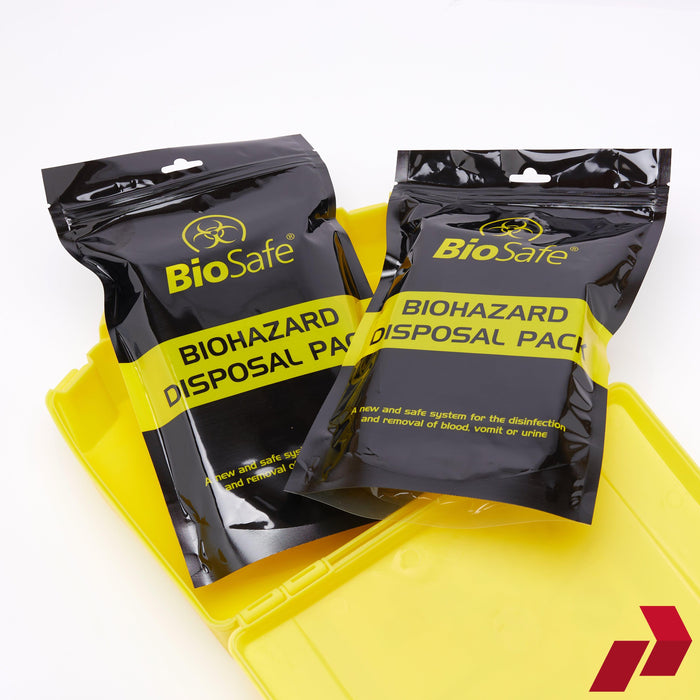 Biohazard disposal packs with 'BioSafe' branding on a yellow tray.