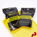 Biohazard disposal packs with 'BioSafe' branding on a yellow tray.