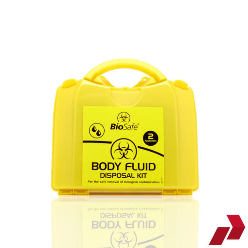 Yellow body fluid disposal kit with BioSafe branding on a white background