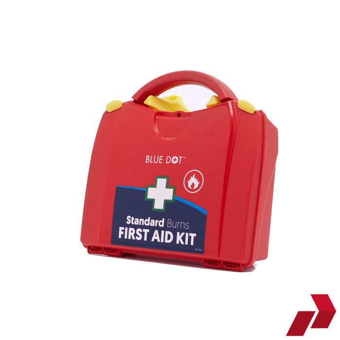 Red first aid kit with 'Blue Dot' branding on a white background