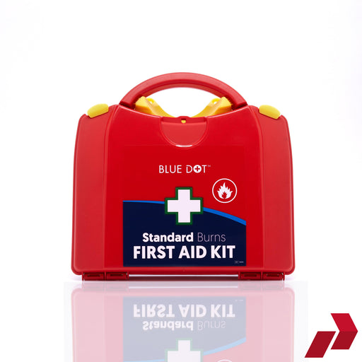 Red first aid kit with 'Blue Dot' branding on a white background