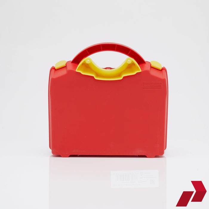 Red tool box with yellow handle on a white background