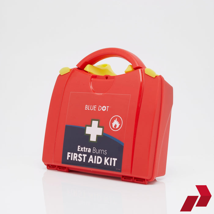 Red first aid kit with 'Blue Dot' branding on a white background