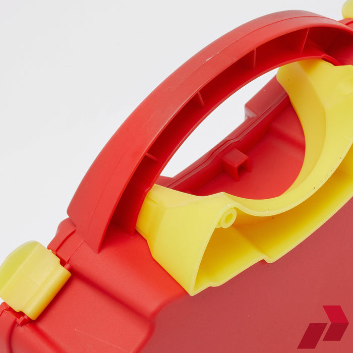 Close-up of a red and yellow plastic tool on a white background