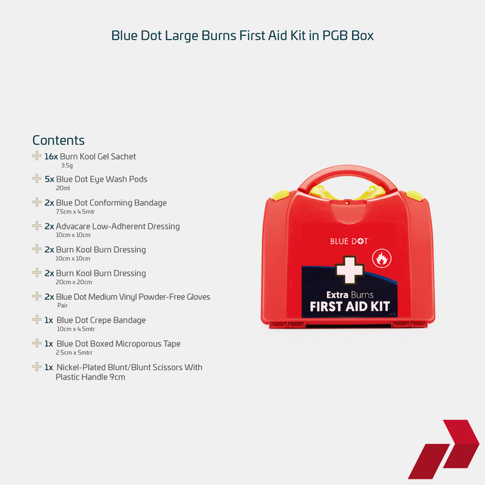 Blue Dot Large Burns First Aid Kit in PGB Box with list of contents on a white background