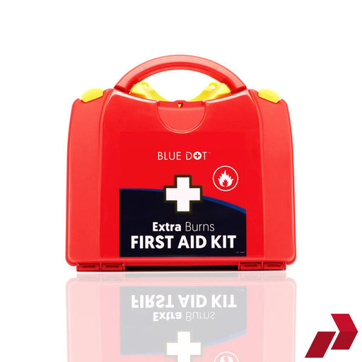 Red first aid kit with 'Blue Dot' branding on a white background