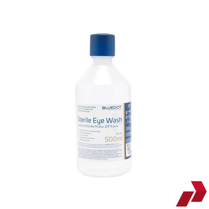 Bottle of sterile eye wash with blue cap on a white background