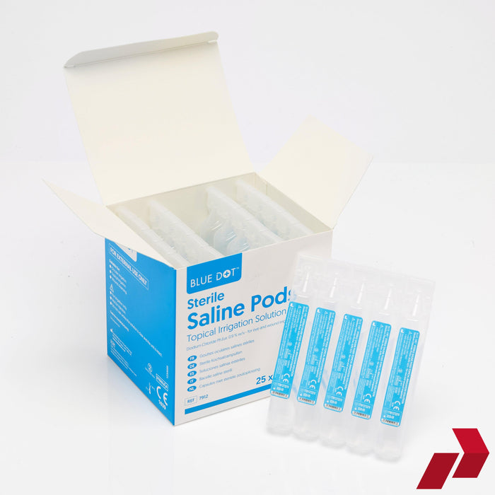 Blue Dot Sterile Saline Pods packaging with saline pods on a white background