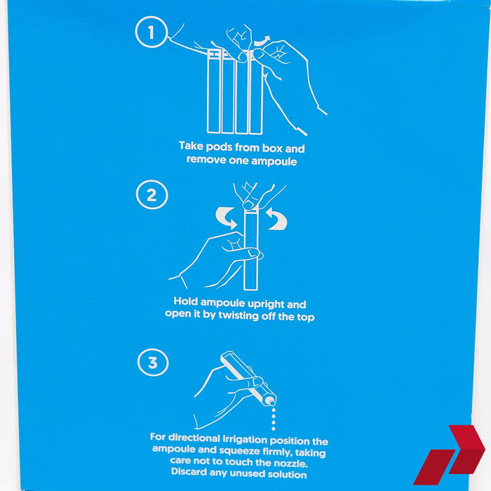 Instructions for using a saline pod on a blue background with white text and illustrations.