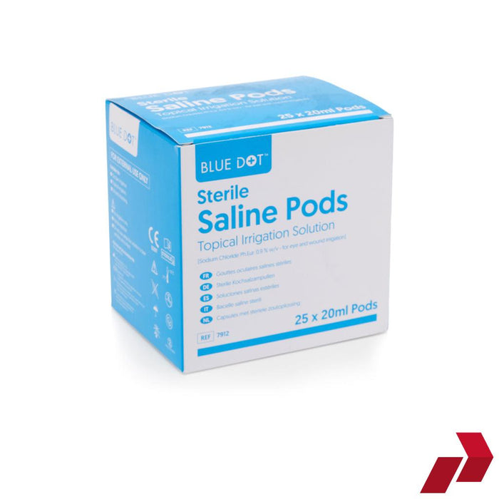 Box of Blue Dot Sterile Saline Pods on a white background