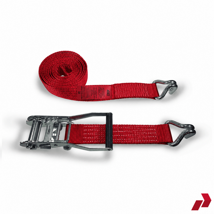 Red 50mm ratchet strap with claw hooks, coiled strap and ratchet mechanism