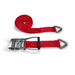 Red 50mm ratchet strap with delta rings, coiled strap and ratchet mechanism