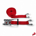 Red 50mm ratchet strap with chassis hooks, coiled strap and ratchet mechanism