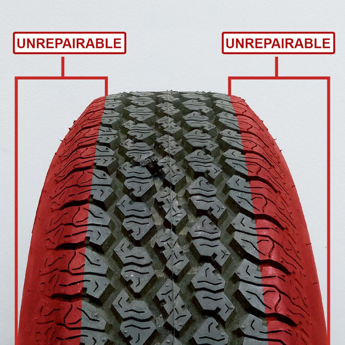Diagram showing unrepairable shoulder and sidewall zones on a tyre tread