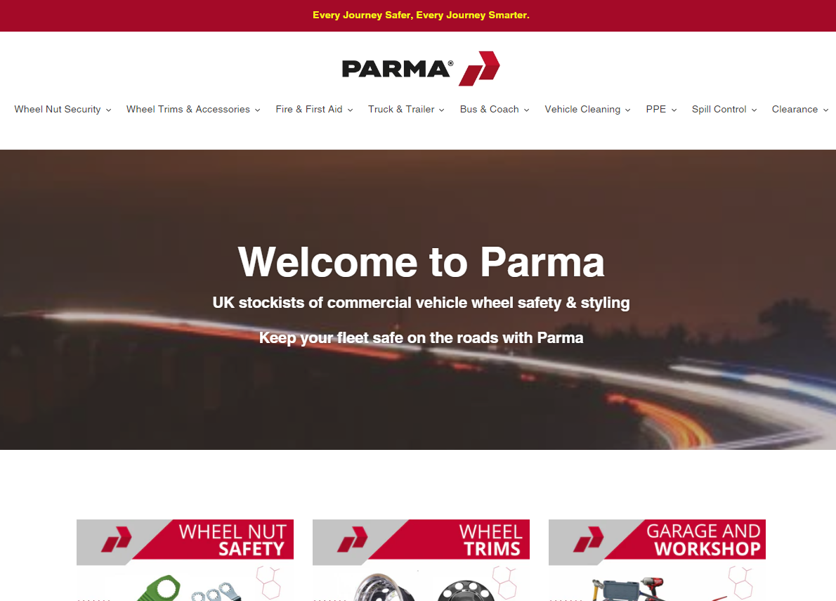 A screenshot of our old website. It shows a white background, the Parma logo at the top and a big banner in the middle that says 'Welcome to Parma'.